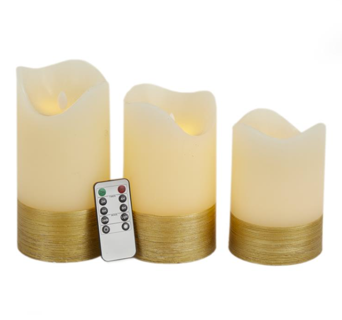 White Wax w/ Gold Base Flameless Candle, Set of 3