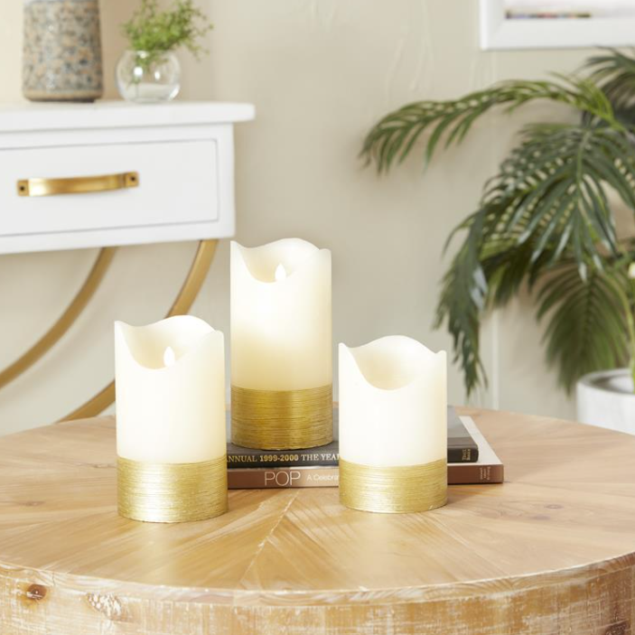 White Wax w/ Gold Base Flameless Candle, Set of 3