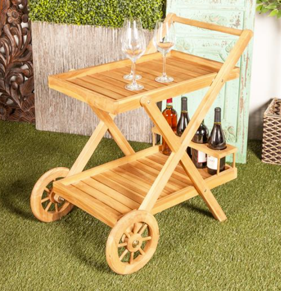 Brown Teak Wood Rolling Bar Cart
