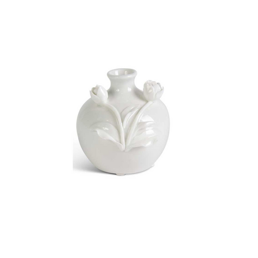 Short White Ceramic Vase with Raised Flowers (Various Styles)