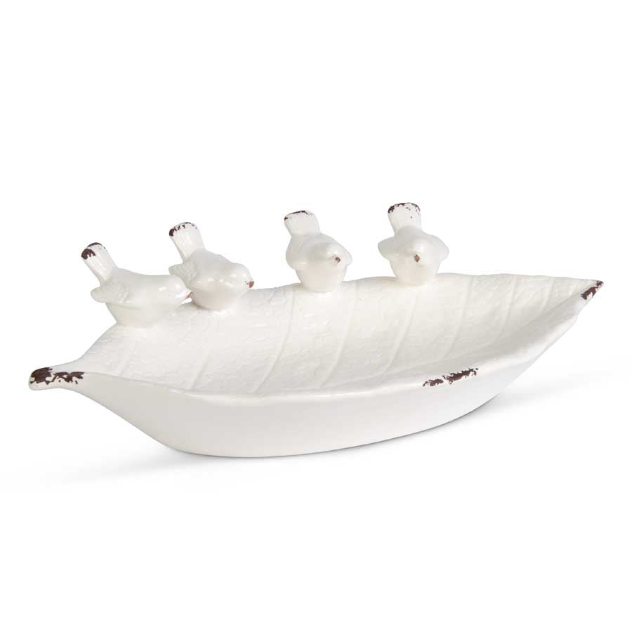 White Leaf Bowl with Song Birds