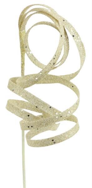 23.5" Curly Glitter Ribbon Pick, Ivory & Gold
