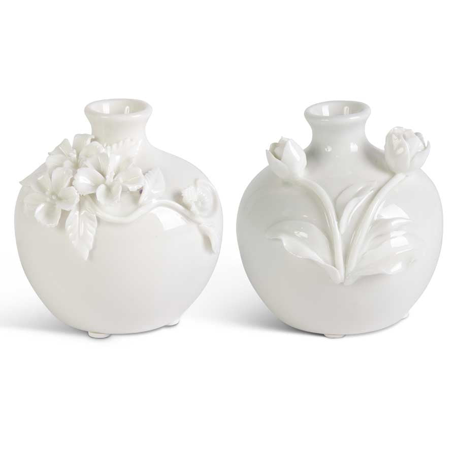 Short White Ceramic Vase with Raised Flowers (Various Styles)