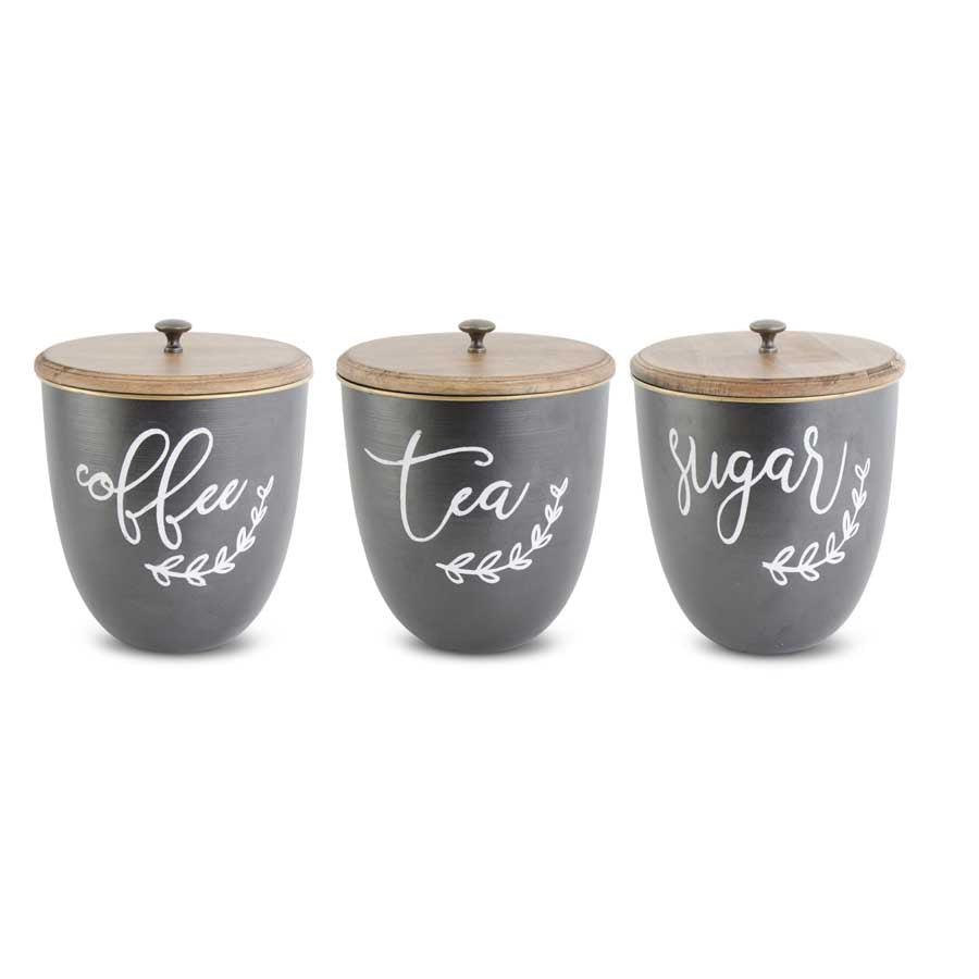 Black Metal w/ White Script Coffee, Tea, Sugar Lidded Containers, Set of 3