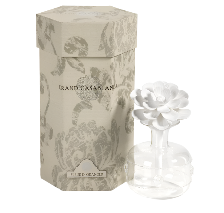 A porcelain diffuser set with floral patterns, including a clear glass diffuser and two bottles of fragrance oil, presented in a matching box.