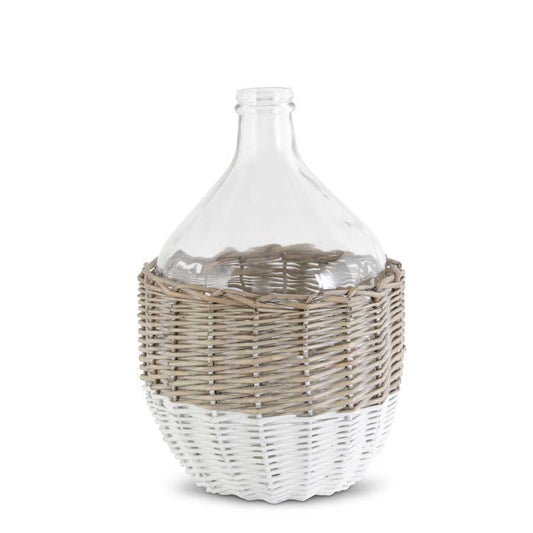 Clear Glass Bottle Vase in White & Tan Wicker Basket