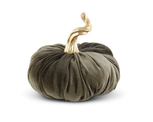 A 7.5" green velvet stuffed pumpkin with a gold stem.