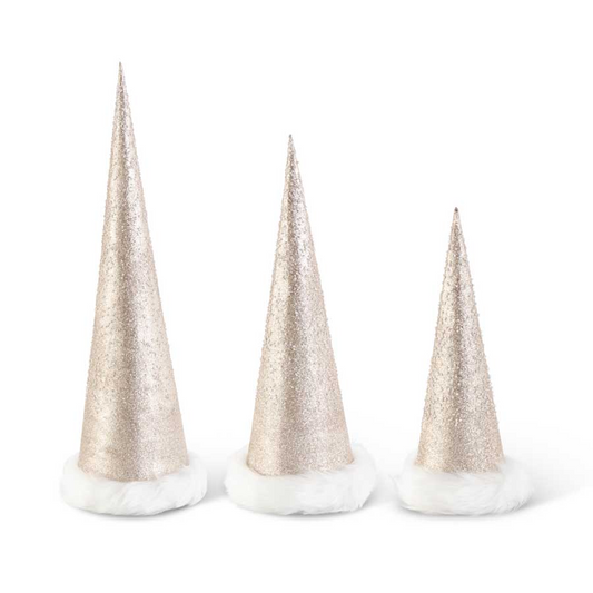 Beaded Gold Glittered Cone Trees w/Fur Trim, Set of 3