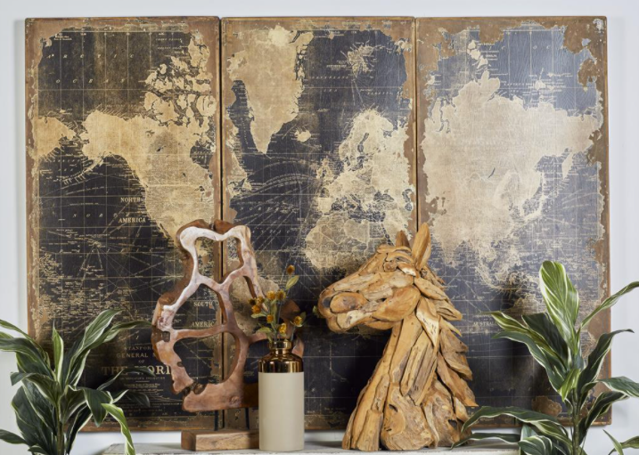 Vintage World Map Wall Panels, Set of 3