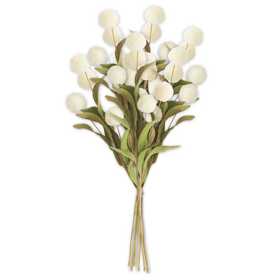 13" Pom Pom Pick with Green Eva Leaves Bundle, Cream
