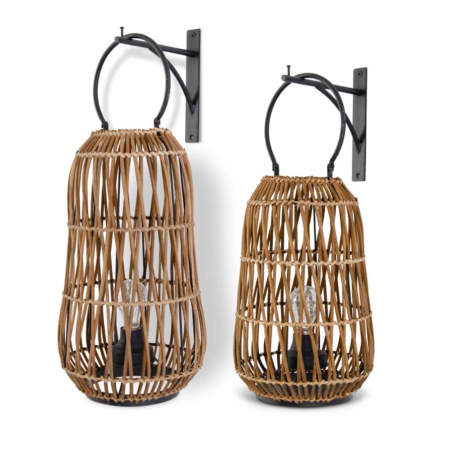 Set of 2 Rattan Hanging LED Lanterns w/Black Metal Brackets