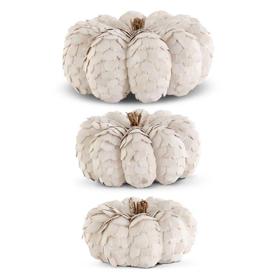 White Scalloped Wood Chip Pumpkins, Set of 3