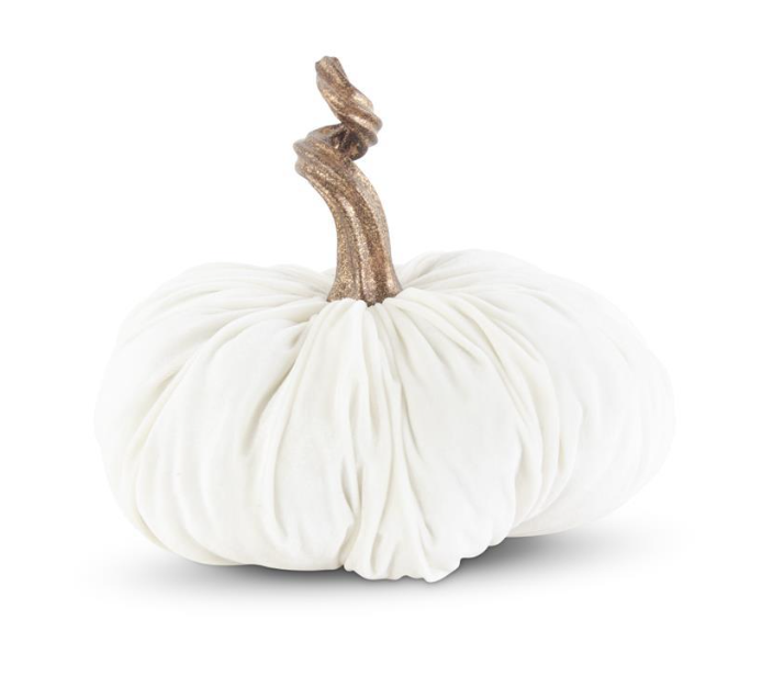 10" White Velvet Stuffed Pumpkin w/ Gold Stem
