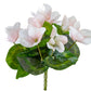 Artificial flower arrangement with pink flowers and green leaves on a white background