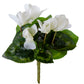 Artificial flower arrangement with white flowers and green leaves on a white background