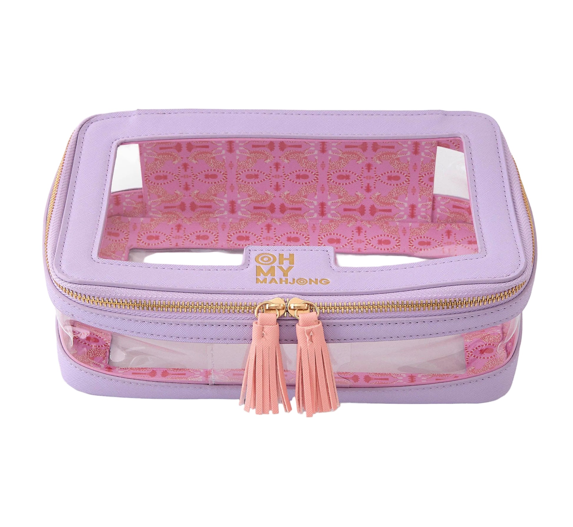 Pink and purple cosmetic case with tassel on a white background