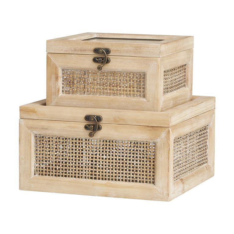 Light Brown Wood Glass Top Boxes, Set of 2