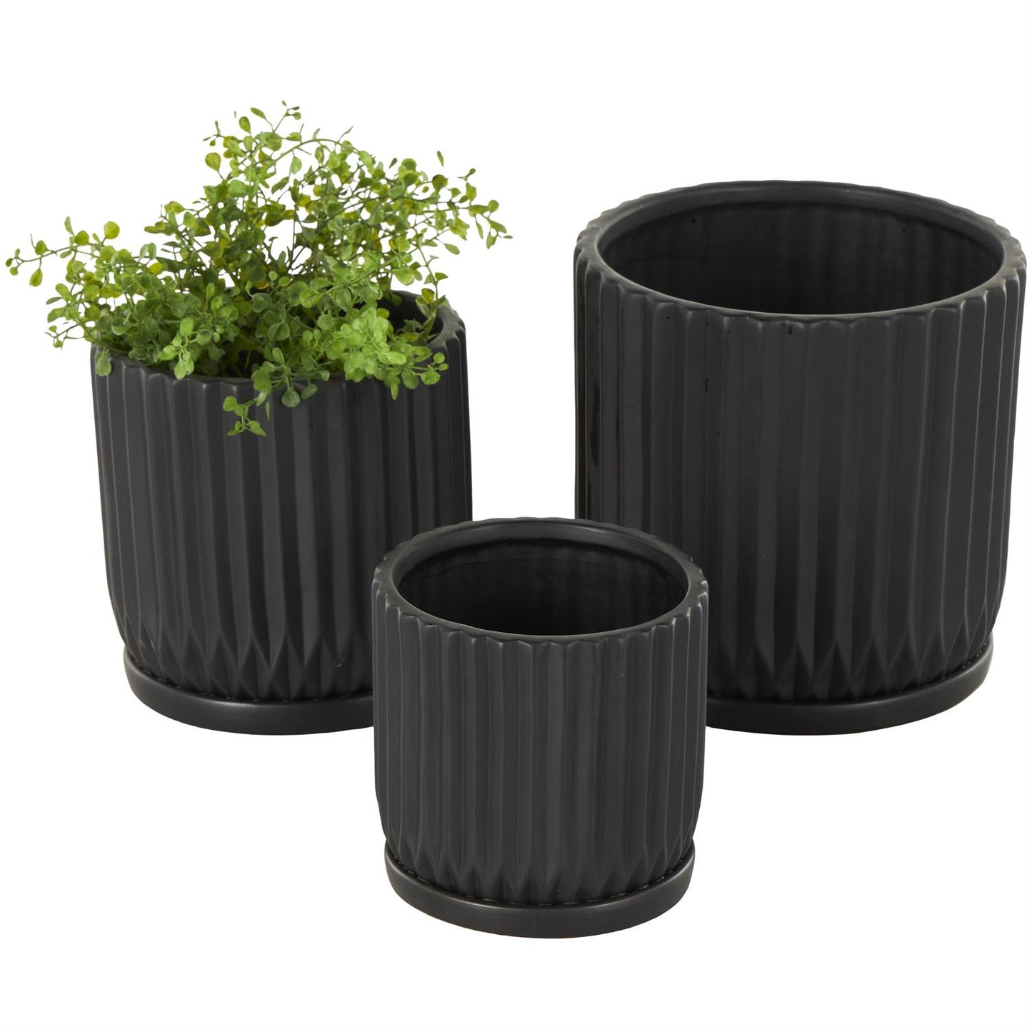 Set of 3 Black Ribbed Planter w/ Saucer