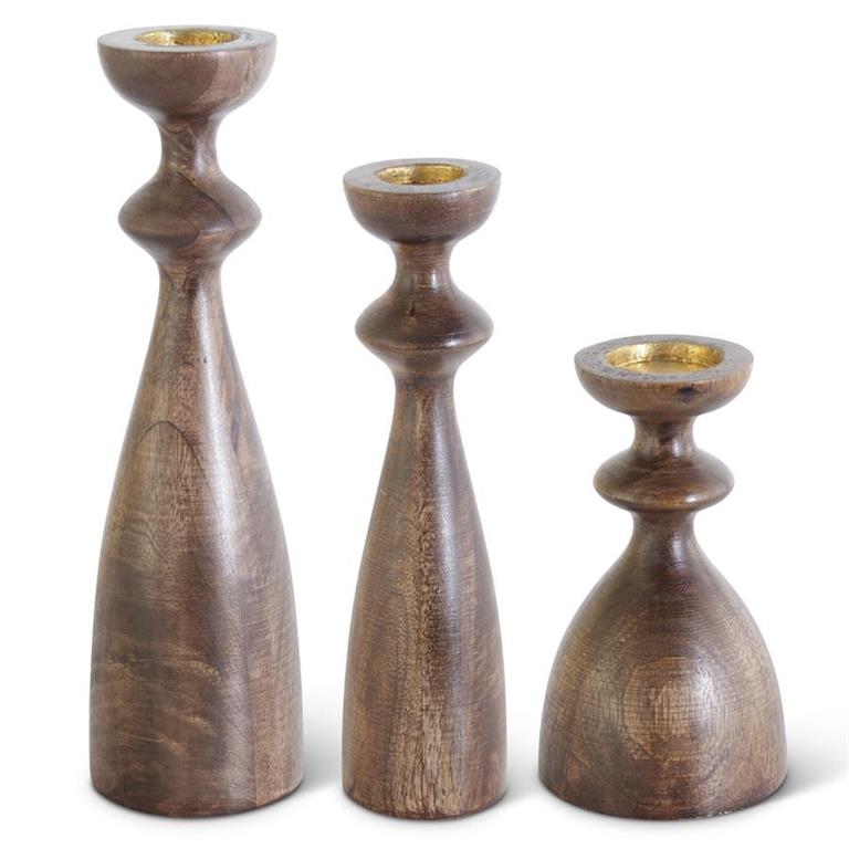 Brown Wood Hourglass Shaped Candleholders, Set of 3