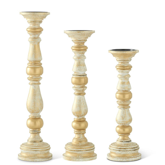 Carved Wood Spindle Candle, Set of 3