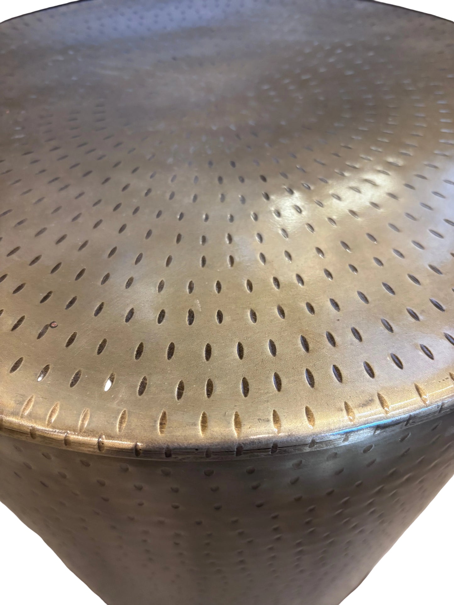 Gold textured metal end table.