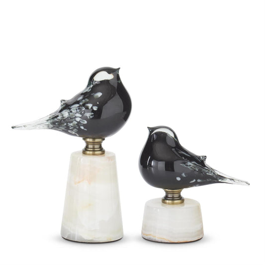 Black Glass Birds w/ Marble Base, Set of 2