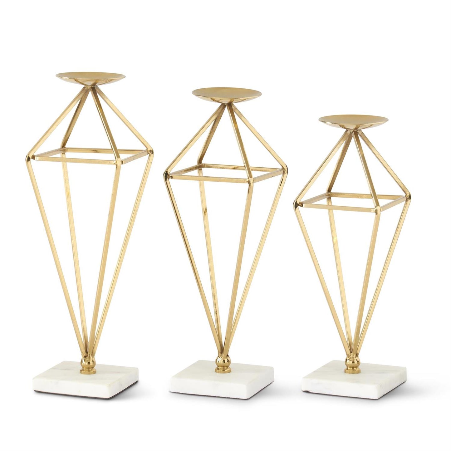 Gold Geometric Candleholders w/ Marble Base, Set of 3