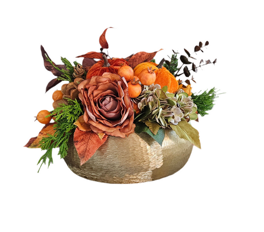 Fall Centerpiece in Gold Bowl Container