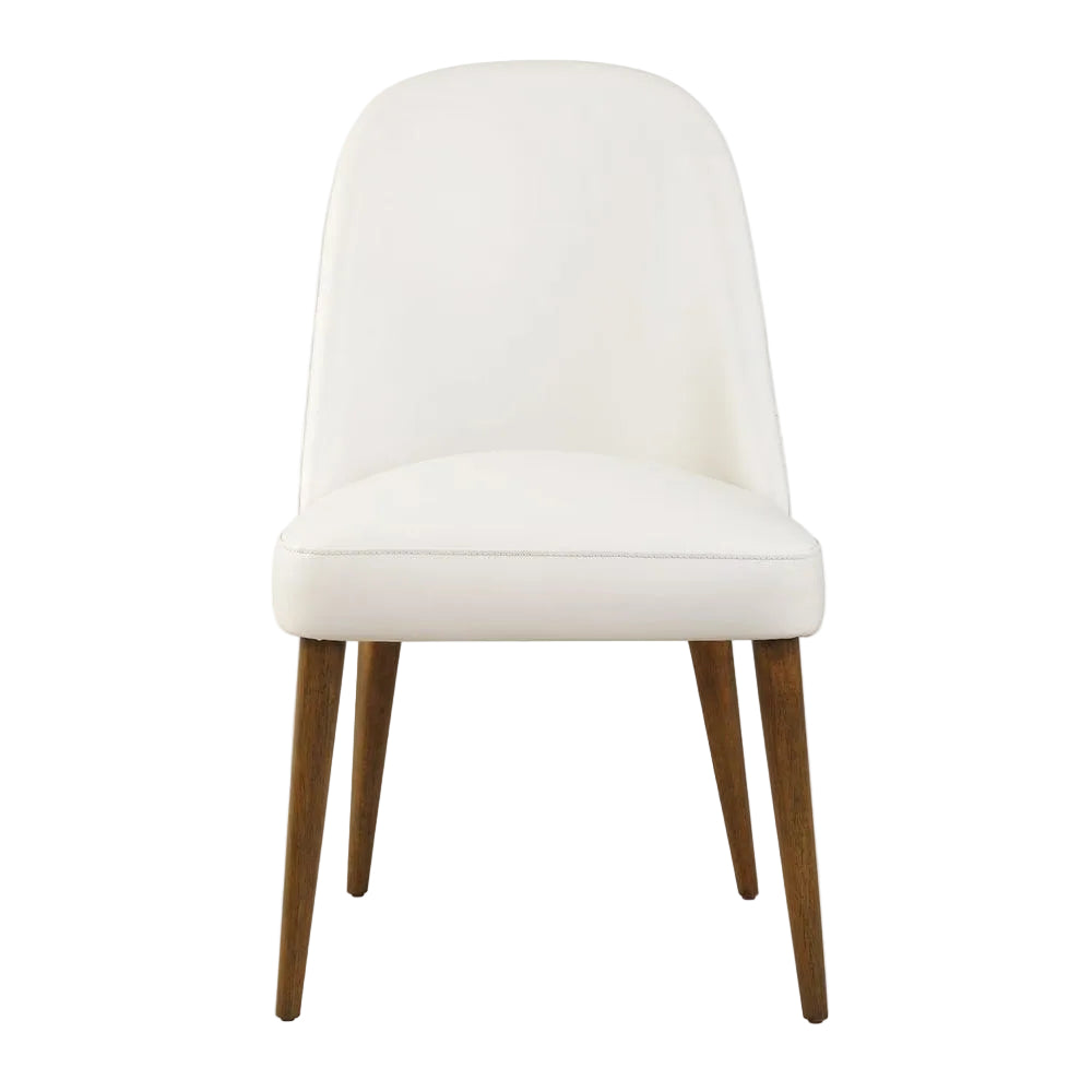 White upholstered chair with wooden legs on a white background