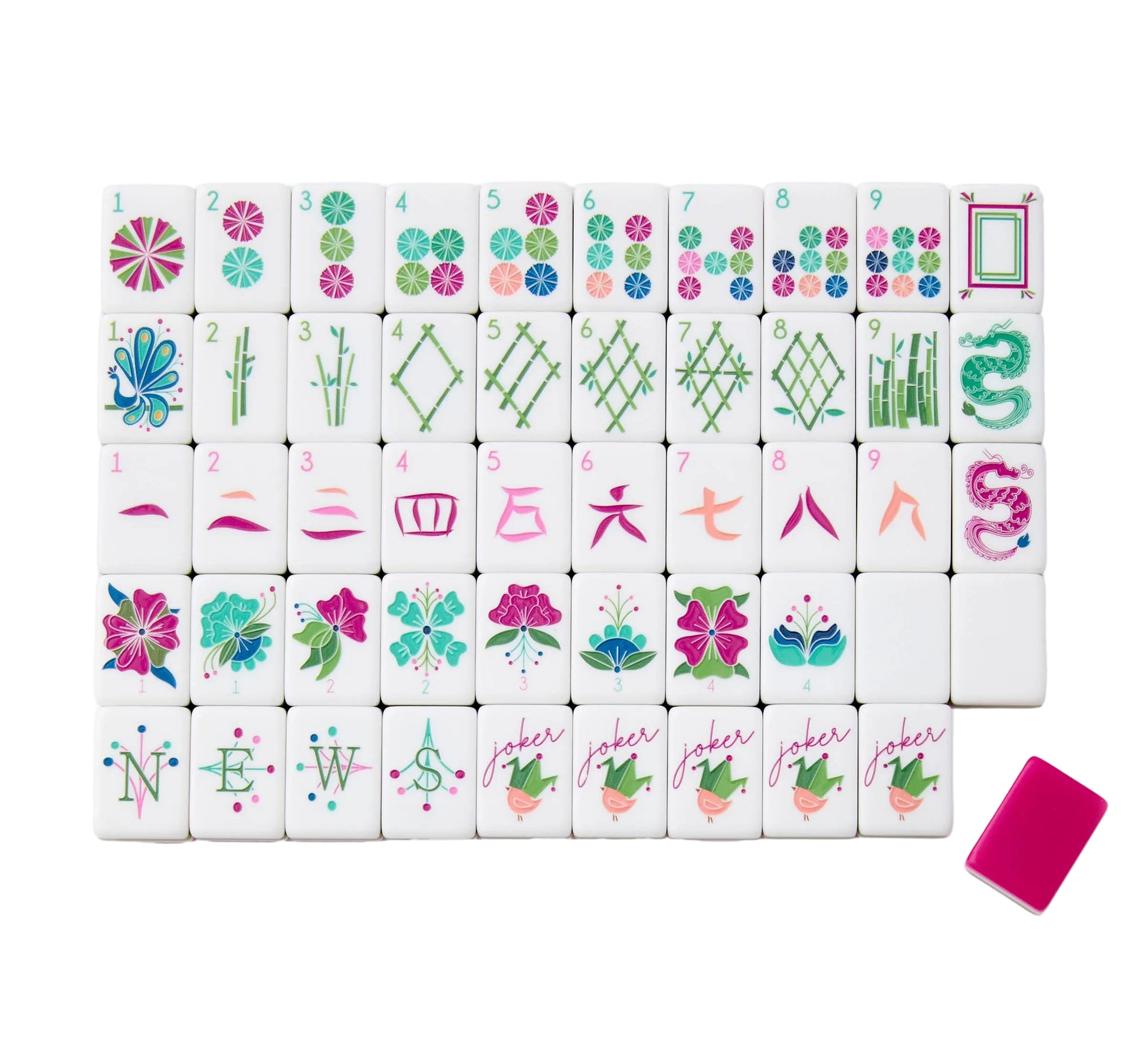Set of colorful Mahjong tiles with decorative designs on a white background
