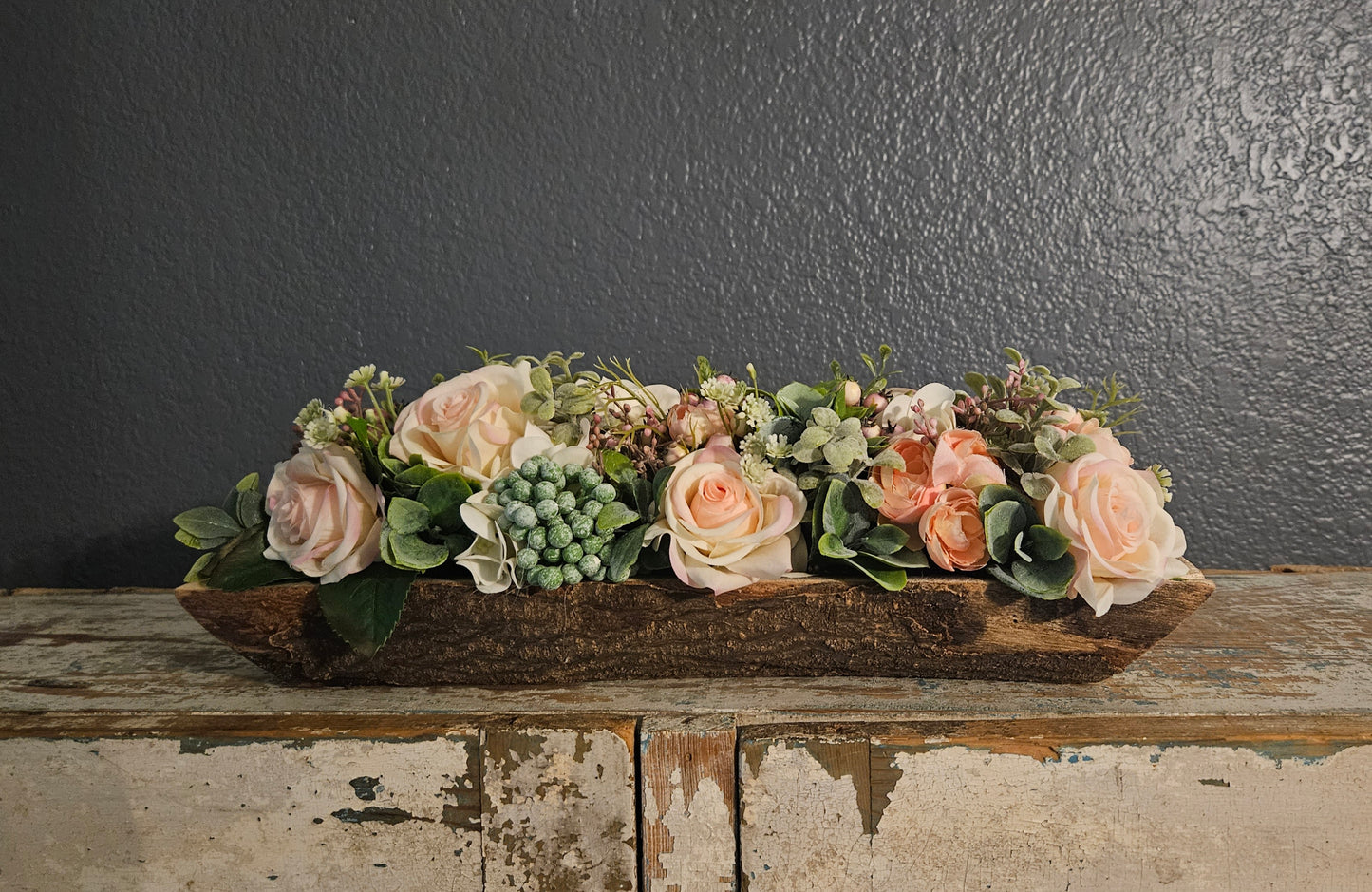Pink And Cream Wood Trough Centerpiece