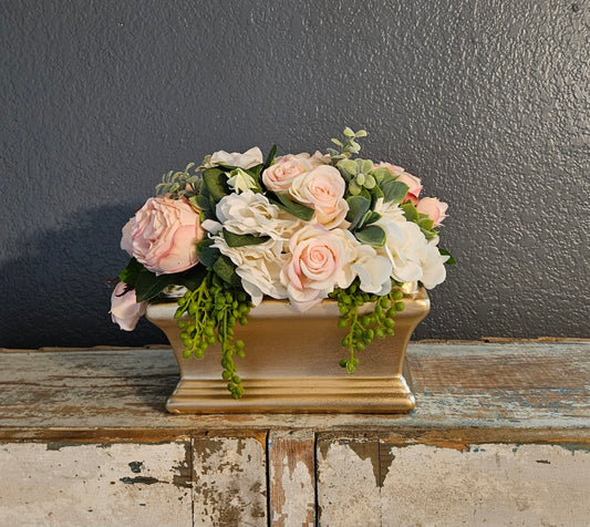 Pink Roses In Gold Container