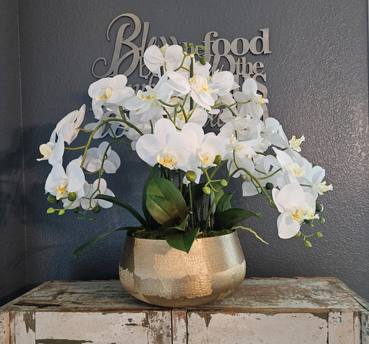 Orchid Centerpiece In Textured Gold Bowl