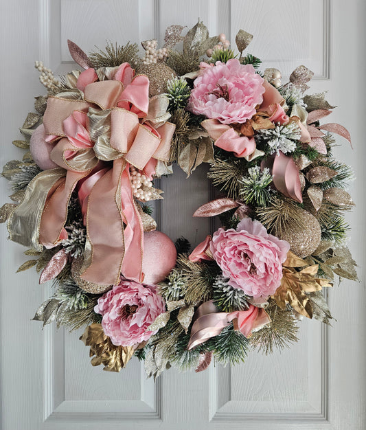 Pink Peonies Christmas Wreath