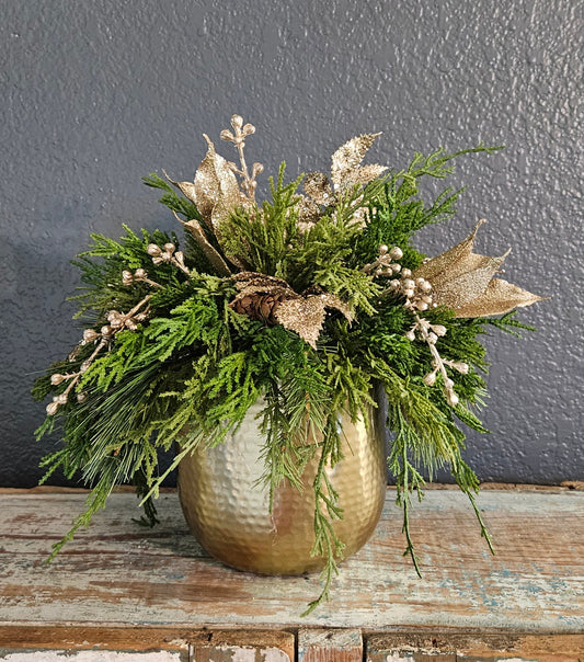 Gold & Greenery In Gold Metal Container