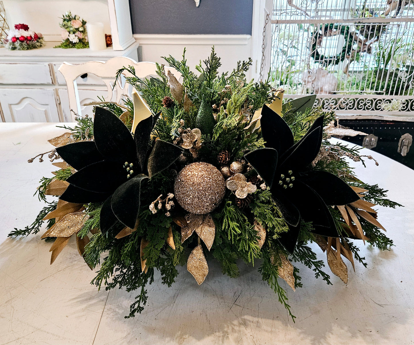 Green Velvet Poinsettias Centerpiece