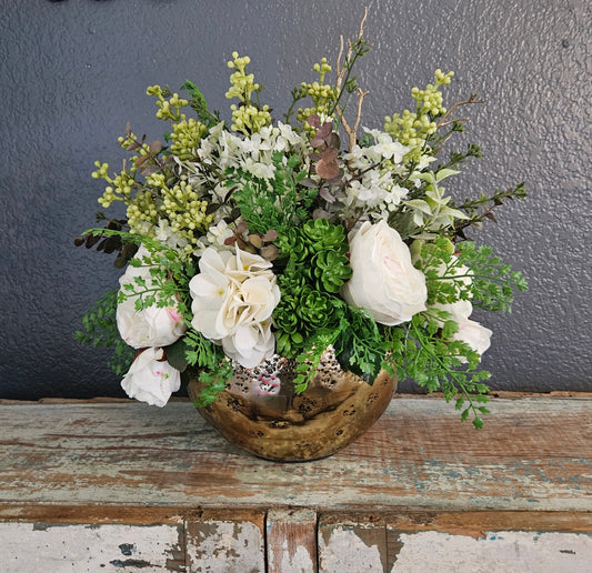 Lilac Centerpiece In Gold Metal Bowl