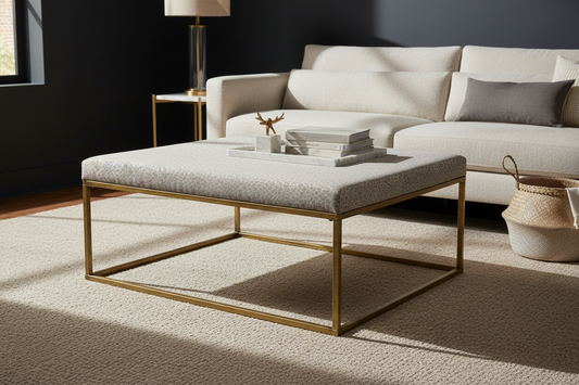 Modern living room with a beige sofa, leopard print ottoman, and decorative items.