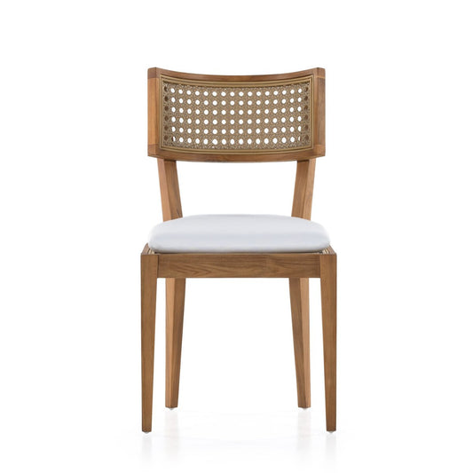 Wooden chair with a woven backrest and white cushion on a white background