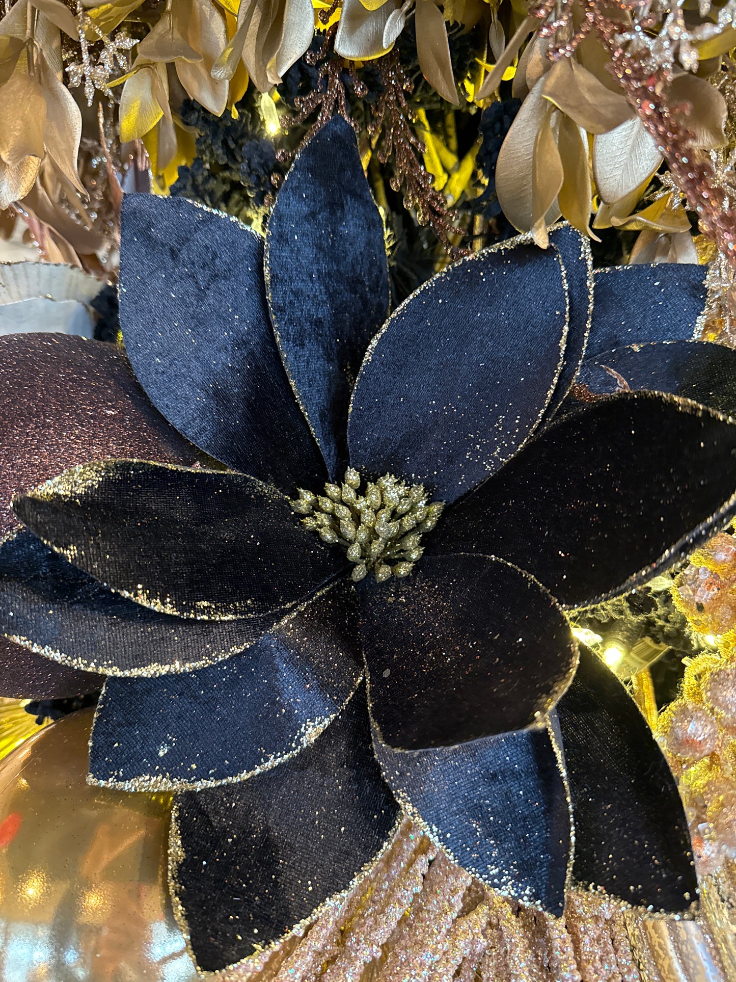 22" Black Velvet Sheen w/Gold Glitter Trim Poinsettia