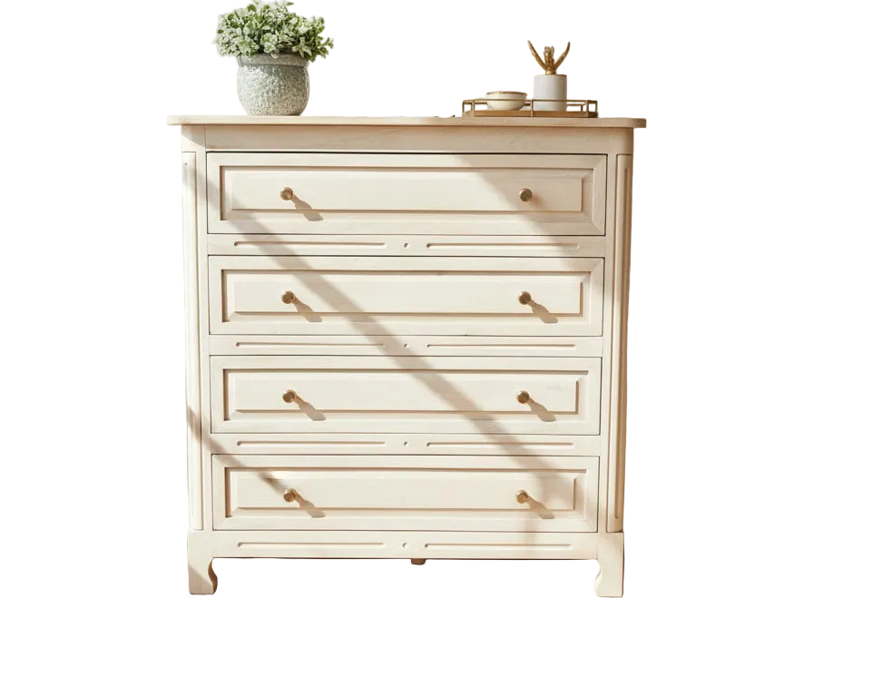 Wooden dresser with four drawers on a white background
