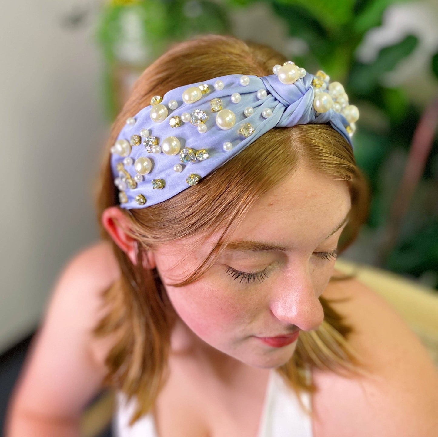 Jeweled Satin Headband, Graceful White