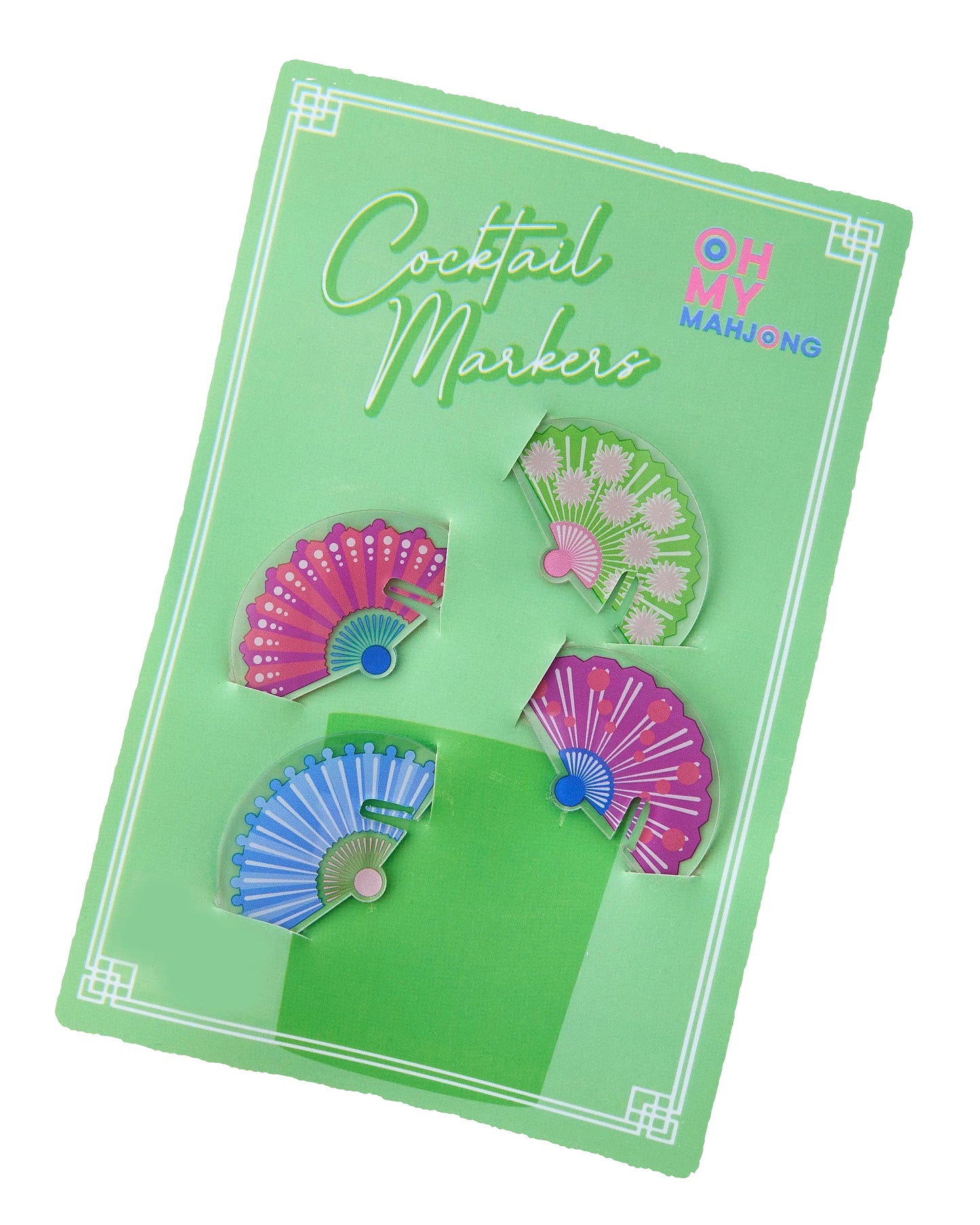 Cocktail markers with fan designs on a green card labeled 'Cocktail Markers' by Oh My Mahjong.