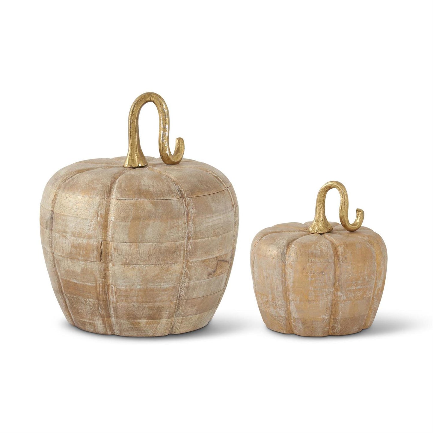 Distressed White & Gold Washed Wood Pumpkin (Various Sizes)
