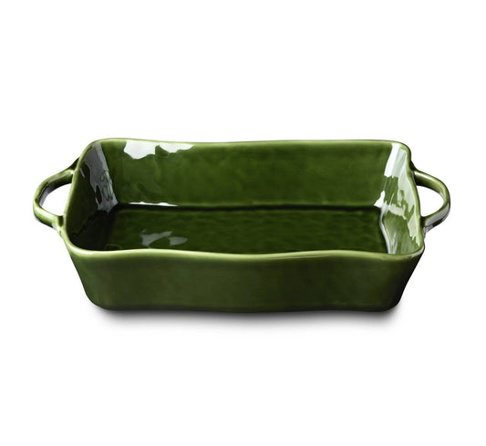 Green rectangular ceramic baking dish on a white background