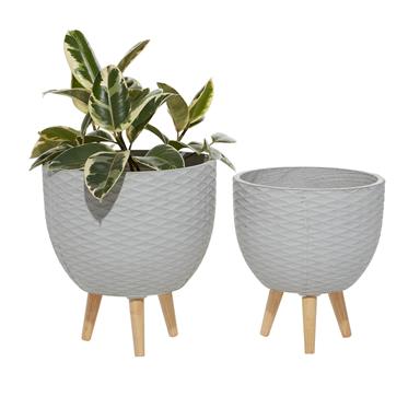 Gray Ceramic Planter with Wood Legs (Various Sizes)