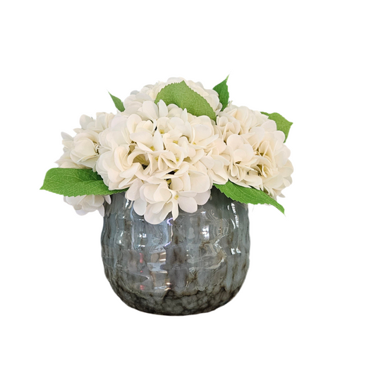 Hydrangeas in Ribbed Ceramic Container