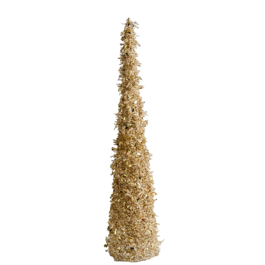 Gold cone-shaped decorative tree on a white background