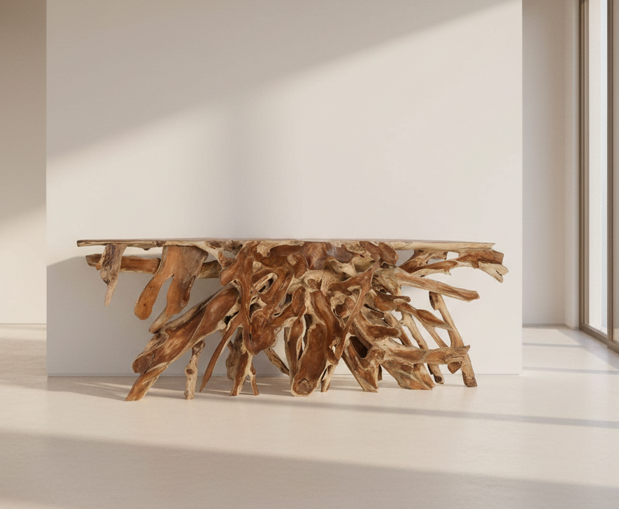 Teak root console table in a minimalistic room with large windows.