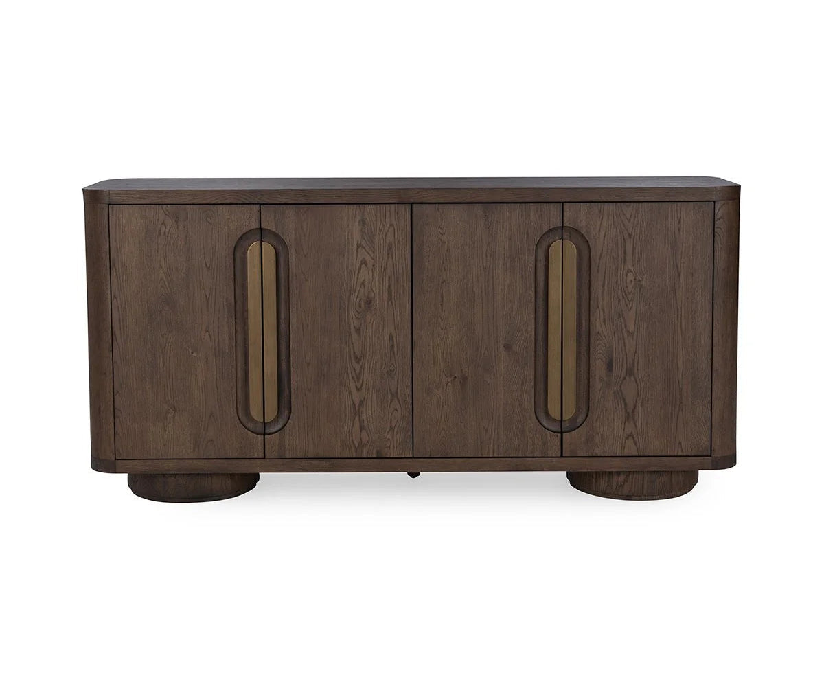 Wooden sideboard with two doors on a white background